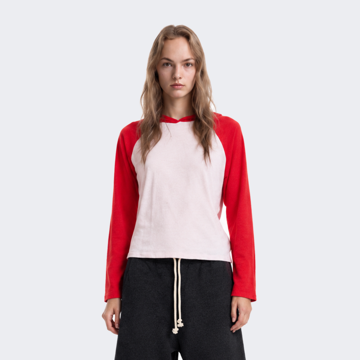 Slub Knit Hooded Raglan Long-Sleeve Top