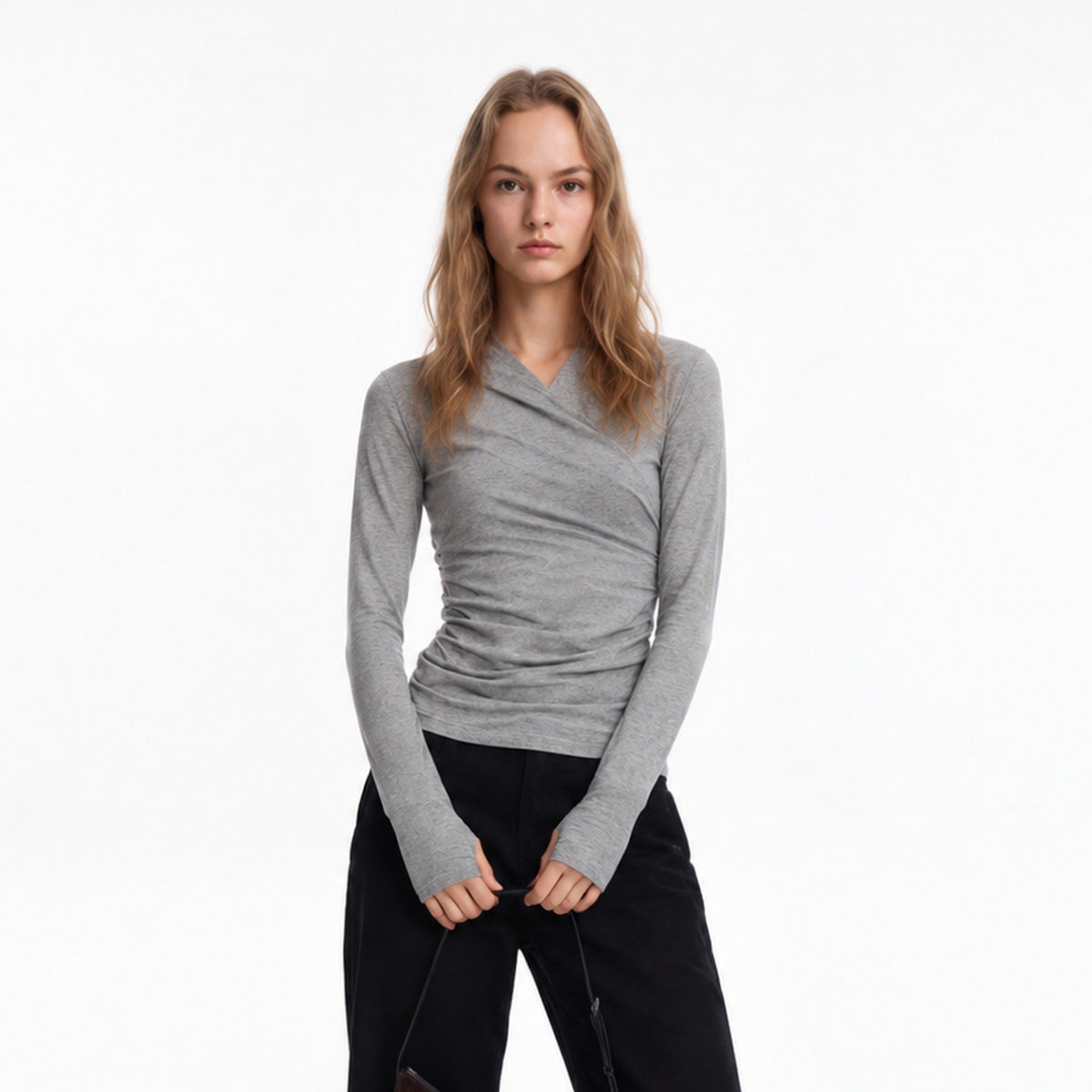 Ruched Wrap Long-Sleeve Top