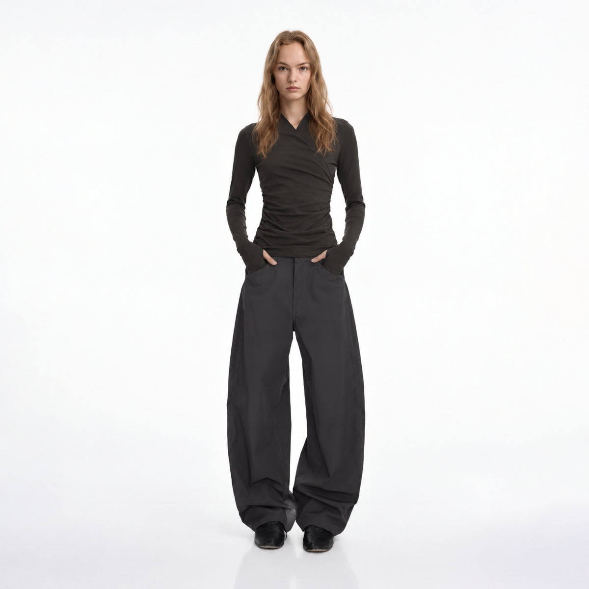 Ruched Wrap Long-Sleeve Top