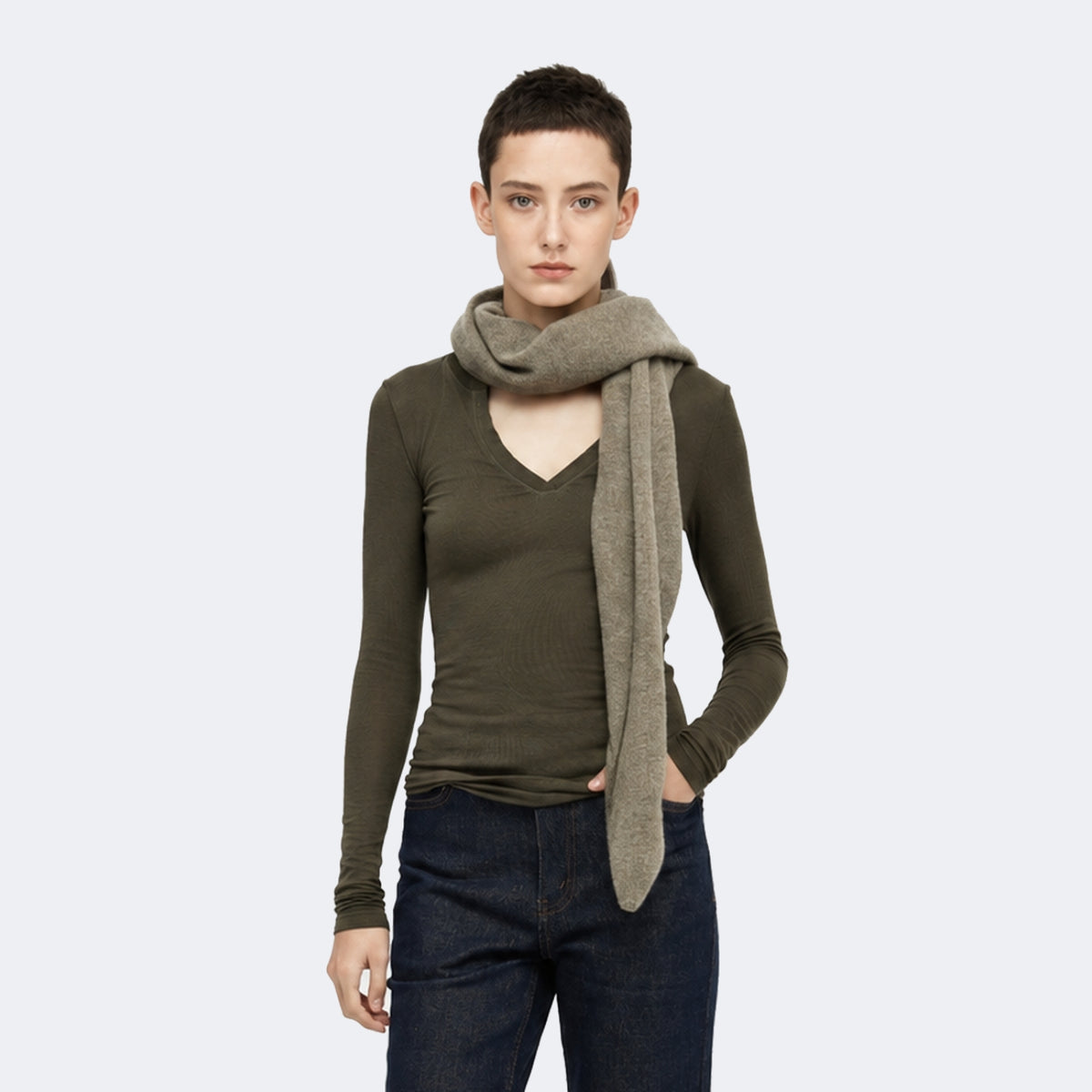 Tencel-Wool V-Neck Long-Sleeve Top