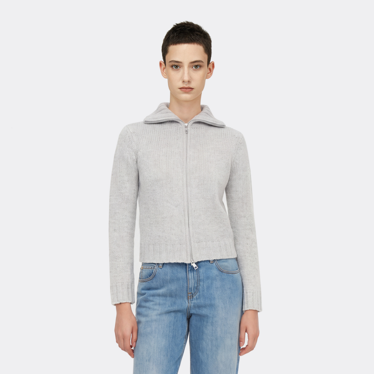 Chunky Novelty-Yarn Fitted Zip-Up Sweater