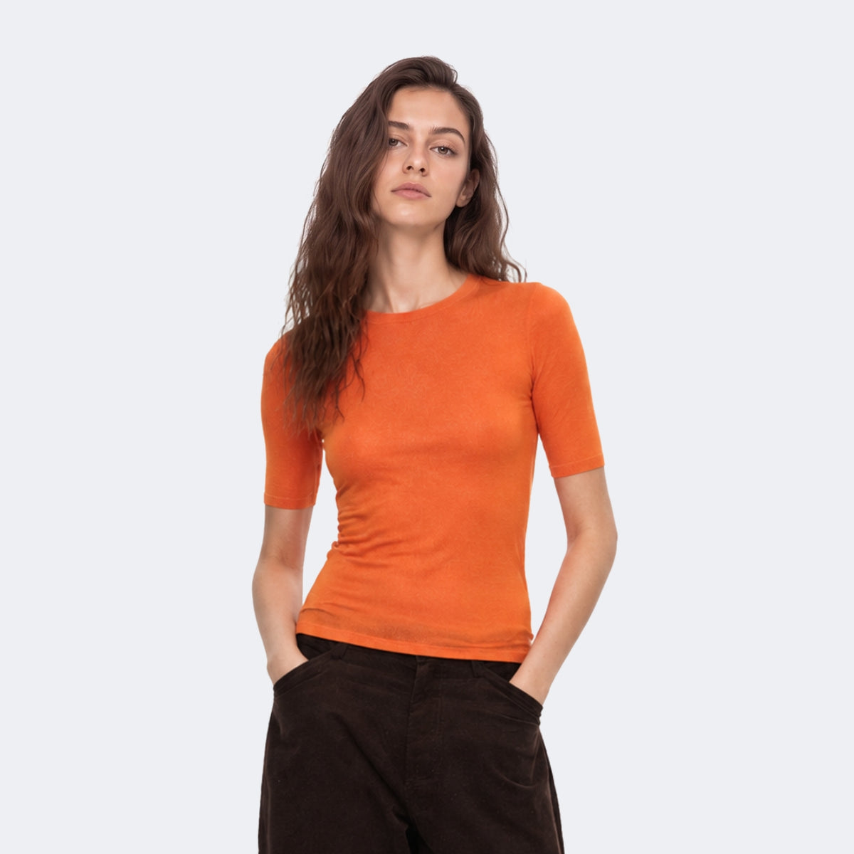 Wool-Blend Fitted Short-Sleeve Crew-Neck Top