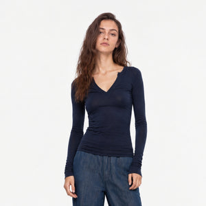 Tencel-Wool V-Neck Long-Sleeve Top