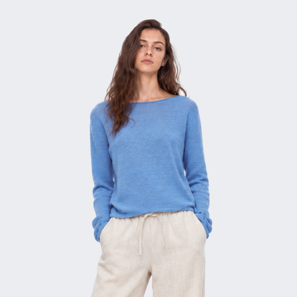 Rolled-Edge Linen Relaxed-Fit Knit Long-Sleeve Top
