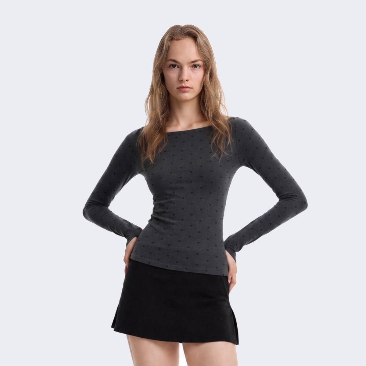 Polka-Dot Off-Shoulder Long-Sleeve Top